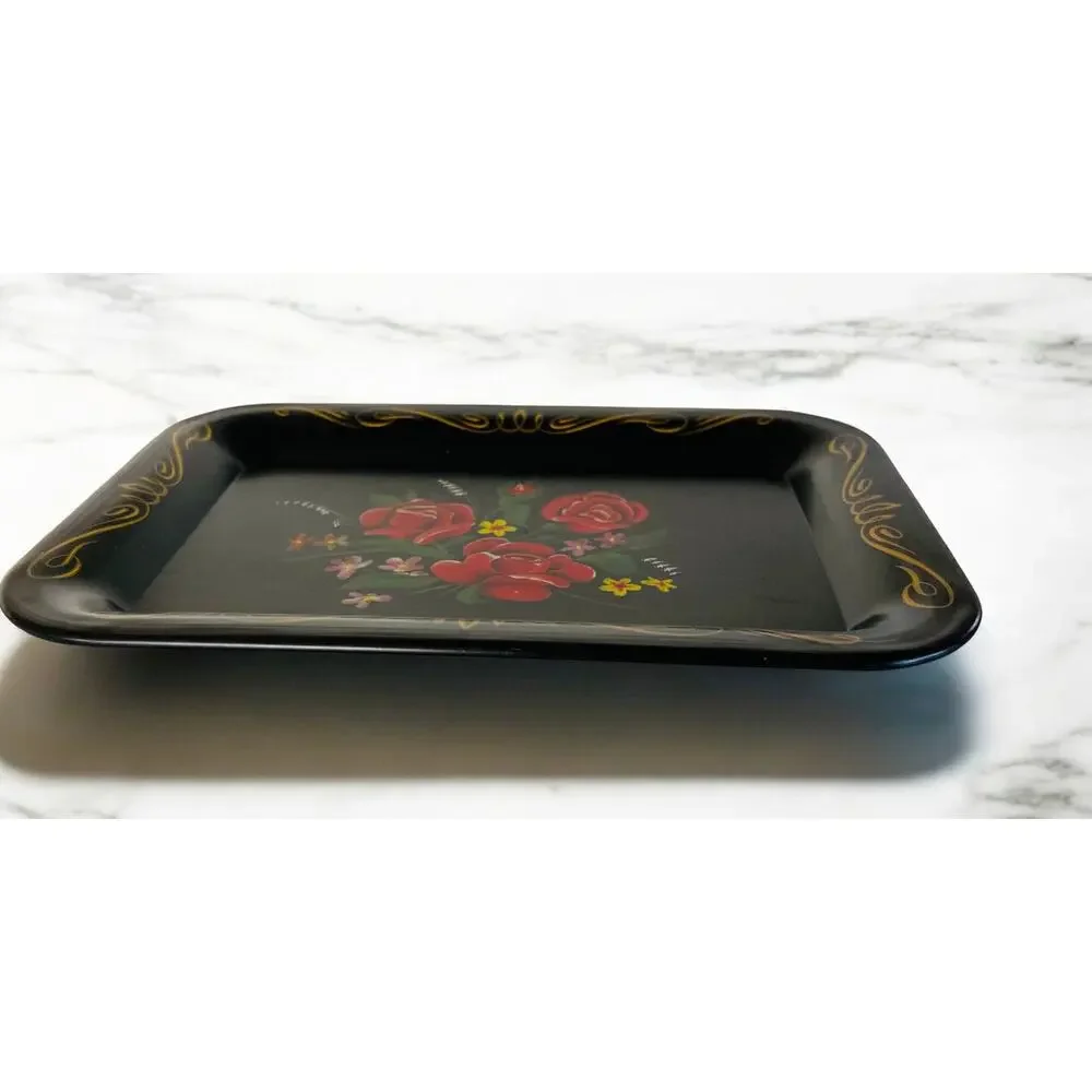 Vintage Black & Gold Metal Red Rose Flower Floral Decorative Tray Catchall